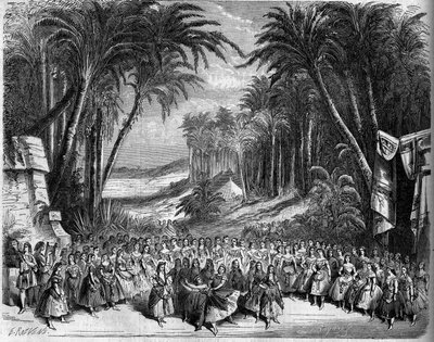 Znázornění opery: Scénografie II. dějství „Královny ze Saby““ na libreto Michela Carreho (1819-1872) a Julese Barbiera (1822-1901) a hudbu Charlese Gounoda (1818-1893). Paříž, Theatre de l