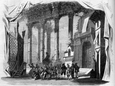Znázornění opery: Scénografie I. dějství „Salvador Rosa“ podle libreta Henryho Trianona (1811-1896) a Eugena Grange (1810-1887) a hudby Julese Laurenta Duprata (1827-1892). Paříž, Opera Comique od French School
