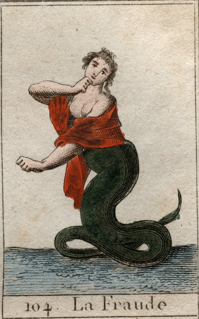 Znázornění podvádění (nečestnosti), jako nebezpečného hada s usměvavou hlavou ženy). Z „Mytologie mládí“ od Pierra Blancharda 1803. od French School