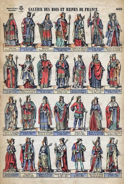 Zastoupení francouzských králů a královen z dynastie Kapetovců (od Ludvíka VII. po Karla VIII.). Ilustrace z konce 19. století. od French School