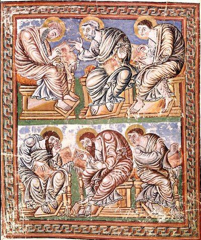 Vyobrazení šesti apotres karolinské miniatury z Remešské školy převzaté z "Collectio Canon Hadriana" (Ms A-5 f. 14 v) (pravděpodobná sbírka decretales redigovaná Incmarem de Reims) Konec 9. století Biblioteca Vallicelliana Řím od French School