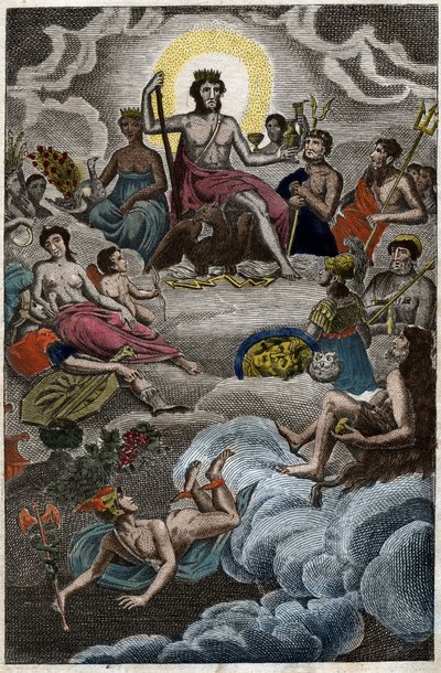Zastoupení Shromáždění bohů na hoře Olymp nebo Dvanáct olympioniků. z „Mytologie mládí“ od Pierra Blancharda 1803. od French School