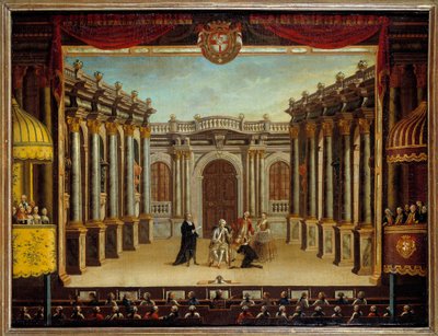 Reprezentace „“Imaginárního maladu“ Jeana Baptista Poquelina dit Moliere (1622-1673) v divadle Minorca, Španělsko; pohled na scénu. Anonymní malování od French School