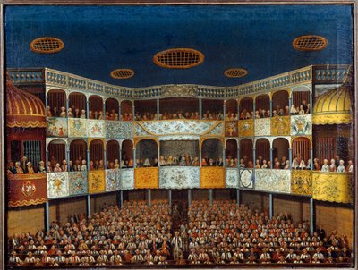 Reprezentace „“Imaginárního maladu“ Jeana Baptista Poquelina dit Moliere (1622-1673) v divadle Minorca ve Španělsku; pohled na sál a publikum. Malířství 18. století. Paříž, dekorativní umění od French School