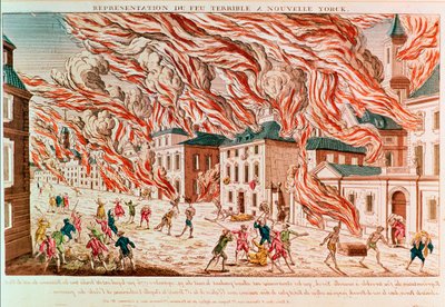 Vyobrazení strašlivého požáru New Yorku v roce 1776 (kolorovaná rytina) od French School
