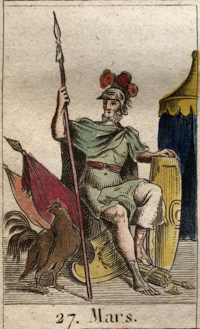 Znázornění boha války Marse, zbraň, poblíž kohouta. (The God of War Mars vyzbrojený hřebem). Z „Mytologie mládí“ od Pierra Blancharda 1803. od French School
