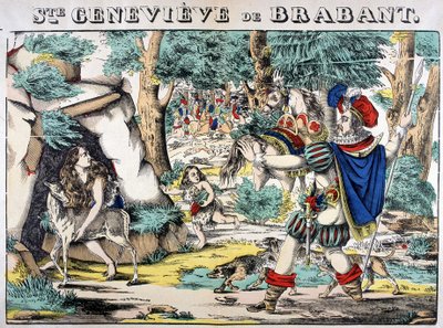 Znázornění legendy o svaté Genevieve Brabantské. Scéna setkání mezi Genevieve opuštěnou v lese a jejím manželem. Obrázek Epinal od French School