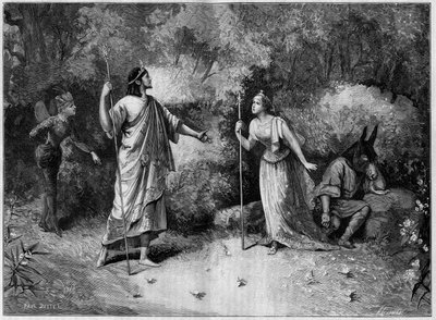 Divadelní představení: "Sen noci svatojánské" od Paula Meurice (1818-1905) podle Williama Shakespeara (1564-1616). Paříž, Národní divadlo Odeon od French School