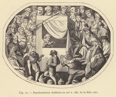 Divadelní představení ve 14. století, paní de la Bibl nat (rytina) od French School