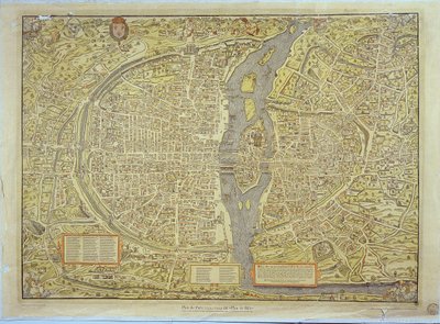 Reprodukce Basilejské mapy Paříže, původně vytvořené v letech 1552-59 od French School