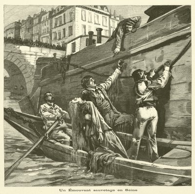 Záchrana ženy z řeky Seiny v Paříži (rytina) od French School