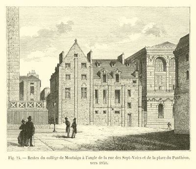 Pozůstatky vysoké školy Montaigu na rohu rue des Sept-Voies a Place du Pantheon, kolem roku 1850 od French School