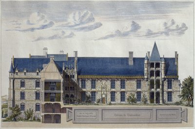 Restaurování Chateau de Chateaudun, ilustrace z Le Moniteur des architectes, ryl H. Penel (barevná rytina) od French School