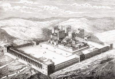 Obnovený Druhý chrám, který nahradil Šalamounův chrám, Jeruzalém, z knihy Les Merveilles de la Science, vyd. 1870. od French School