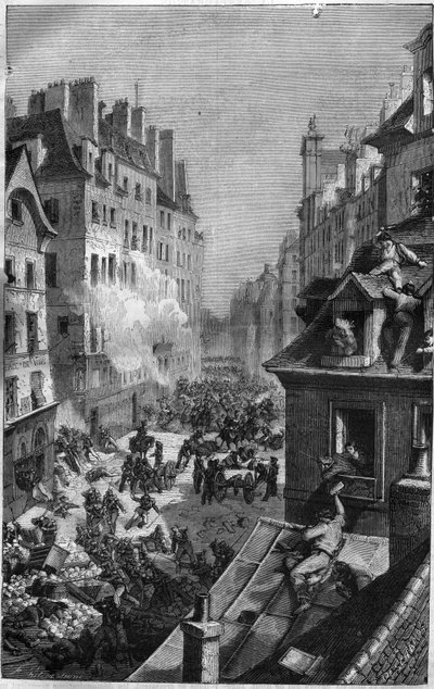 Revoluce 1830: boj ve faubourg Saint Antoine. Rytina v „Historie papežů-králů-královen a císařů v průběhu staletí““ od Maurice Lachatre od French School