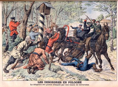 Revoluční v Polsku - Teroristé útočící na poštovní autobus v Polsku. Desorders v Polsku. Pilnost příspěvků napadených gangem teroristů. Ilustrace pro Le petit Journal od French School