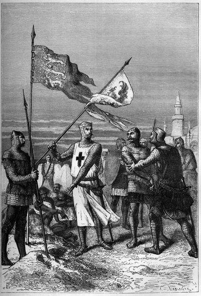 Richard Coeur de Lion nebo Richard I. Lví srdce (1157-1199) anglický král, zobrazeno, jak odstraňuje prapor arcivévody Leopolda V., vévody rakouského – rytina v „Dějinách Anglie od nejstarších dob“ od Francoise Guizota od French School
