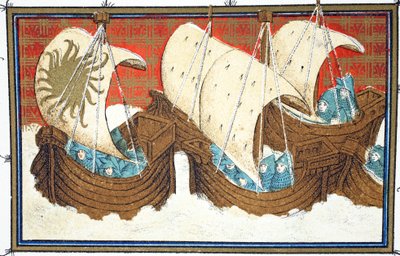 Richard II a jeho flotila přistávající v Milford Haven, faksimile kopie z Le Prinse et Mort du Roy Richart od Jean Creton, přetištěno 19. století od French School