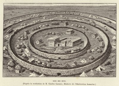 Ring des Huns. Prstencové opevnění chránící osadu Hunů (rytina) od French School