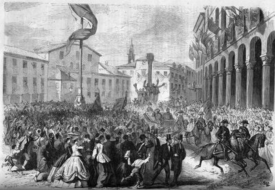 Risorgimento - připojení Benátska k Itálii - 1866: vstup italského krále Vittoria Emanuela II (Victor Emmanuel II) (Victor Emmanuel) (1820-1878) do Rovigo. Rytina v „“ Le Monde Illustré““ č. 488 z 18. srpna 1866. od French School