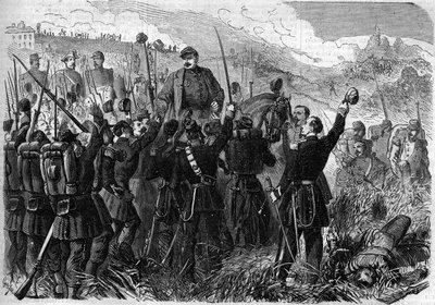 Risorgimento – bitva u Montebello della Battaglia (Itálie), 21. května 1859: Francouzský generál Elie Frederic Forey (1804 - 1872), velitel italské armády, po vítězství nad rakouskou armádou triumfoval svými vojáky. Rytina v „“ Le Monde Illu od French School
