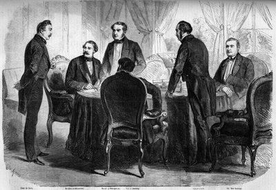 Risorgimento – Curyšská smlouva – 10. listopadu 1859: podpis Curyšské smlouvy zmocněnci Francie, Rakouska a Sardinie. Rakousko musí Lombardii přenechat Itálii. Rytina v „“ Le Monde Illustré““ č. 136 z 19. listopadu 1859. od French School