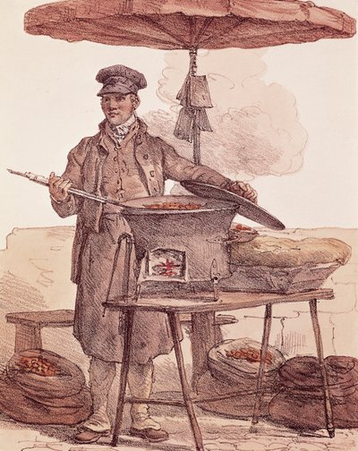 Prodejce pečených kaštanů, tisk, Francie od French School
