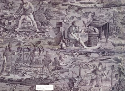Robinson Crusoe, podle návrhu F. Pieterse, kolem 1815-20 (válcem potištěná bavlna) od French School