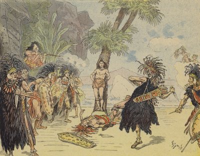 Robinson Crusoe tappaa kannibaalipäällikön ja pelastaa perjantain hengen (värilitho) od French School
