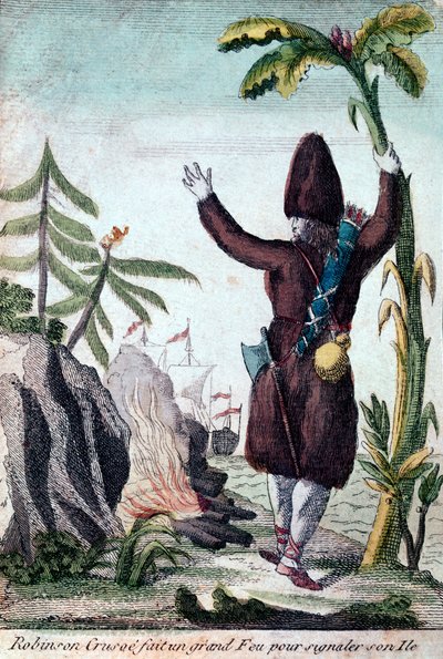 Robinson Crusoe rozdělá oheň, aby upozornil na svůj ostrov, Imagerie Basset (barevná rytina) od French School