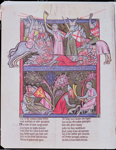 Roland troubí na roh v Roncevaux, ilustrace z Le Chanson de Roland, kopie originálního rukopisu konzervovaného v Saint-Gall ve Švýcarsku od French School