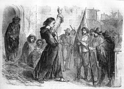 Římský seriál: „Památky Josepha Garibaldiho“ od Alexandra Dumase (1802-1870). Ugo Bassi (1800-1849) hájící dav, aby povzbudil obyvatele k účasti na Risorgimentu v roce 1848. Rytina v „“Les bons romances““ od French School