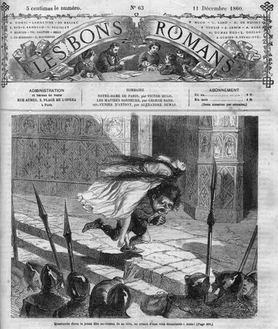 Římský seriál: ““ Notre Dame de Paris”” od Victora Huga (1802-1885). Quasimodo a Esmeralda. Rytina do „“Les bons romances““ od French School