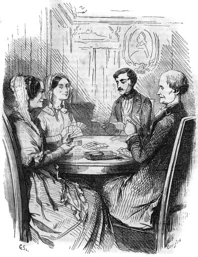 Římský seriál: „Hrabě Monte Cristo“ (Monte-Cristo) od Alexandra Dumase (1802-1870). Hra karet mezi čtyřmi postavami. Rytina do „“Les bons romances““ od French School
