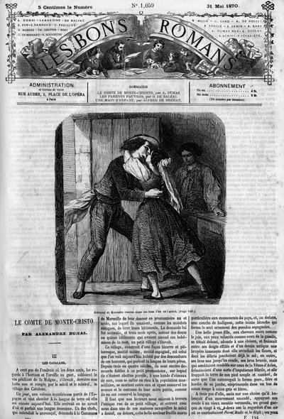 Římský seriál: „Hrabě Monte Cristo“ (Monte-Cristo) od Alexandra Dumase (1802-1870). Sexuální scéna mezi Edmondem Dantesem a Mercedes. Rytina do „“Les bons romances““ od French School