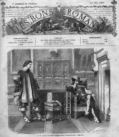 Římský seriál: „Tři mušketýři“ od Alexandra Dumase (1802-1870). Monsieur de Treville se směle vrací do královské kanceláře. Rytina do „“Les bons romances““ od French School