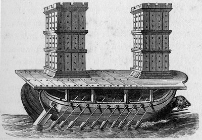 Římská loď a věže. Rytina v „La Marine et les colonies: commerce od French School