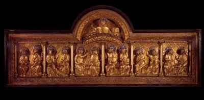 Románské umění: oltářní obraz Pentecote: antependium ve dřevě, mědi a smaltu. Ze Stavelotu (Meuse) Kolem 1160-1170. Paříž, Národní muzeum středověku, Thermes de Cluny od French School
