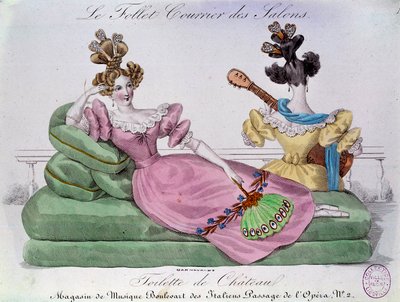 Romantická móda: Zámecká toaleta. Dvě ženy s extravagantními účesy na jednohubce. Rytina 19. století. Paříž, Musee Carnavalet od French School