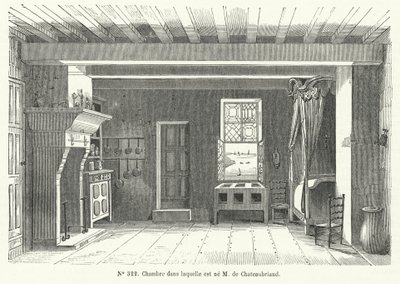 Pokoj v Hotel de France v St Malo v Bretani, ve kterém se narodil francouzský spisovatel a politik Francois-Rene de Chateaubriand (rytina) od French School