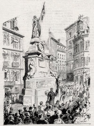 Rouen: členové Ligy vlastenců před sochou Johanky z Arc- kresba Paula Merwarta pro „“ vlajku – slavný monitor Ligy vlastenců“ – 1884 od French School