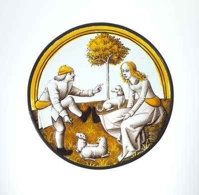 Rondel with Couple Playing at Quintain, cca 1500 (sklo, sklovitá barva a stříbrná skvrna) od French School