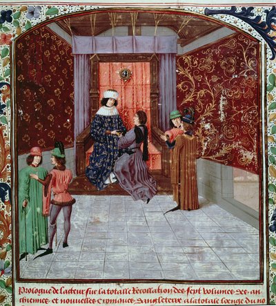 Roy 15 E IV f.14 Edward IV přebírá knihu od autora, ze starých letopisů Anglie, od Jeana Batarda de Wavrin, kolem 1470-80 (vellum) od French School
