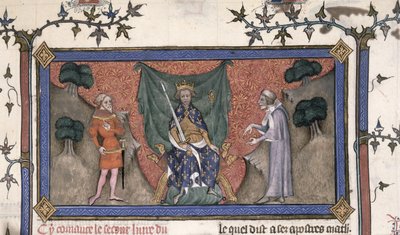 Roy 19 C IV f.154 francouzský král Karel V. (1337-80) trůnící s korunou, mečem a žezlem mezi rytířem a úředníkem od French School