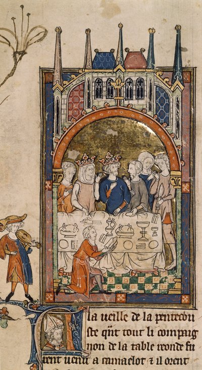 Royal 14 E. III, f.89, Svátek krále Artuše, Král Artuš a Guinevera na banketu, se sluhou klečícím před stolem krájejícím chleba, z „La Queste del Saint Graal“, kolem 1315-25 (vellum ) od French School