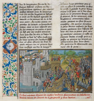 Royal 14 E. IV, f.59v Dobytí bašty v Troyes, ze „Starých a nových kronik Anglie“, Jean de Wavrin, kolem 1470-80 (vellum) od French School