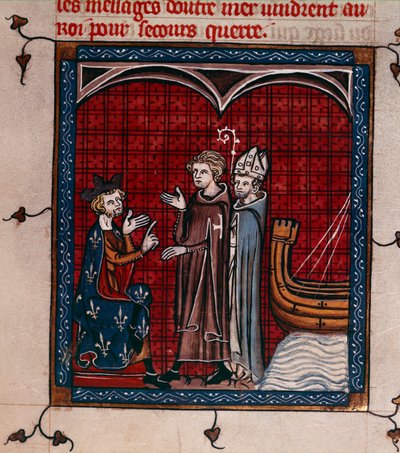 Royal 16 G. VI, f.337 Král Filip II. a patriarcha, ilustrace z 