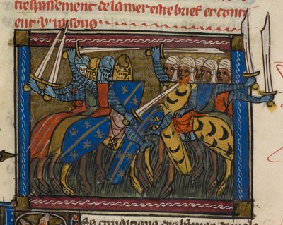 Royal 19 D. I f.189v křesťanské a saracénské armády v bitvě, ilustrace z „La Vraye Histoire du Bon Roy Alixandre“ (inkoust, barva a zlato na pergamenu) od French School