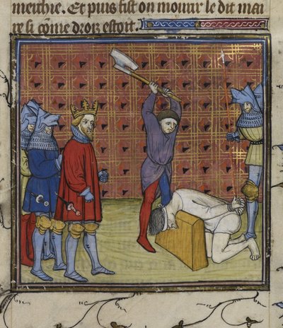 Royal 20 C. VII f.134v Vůdci povstání Jacquerie proti francouzské šlechtě sťatí na příkaz navarrského krále z „Chroniques de France ou de St Denis“ (inkoust, barva a zlato na pergamenu) od French School