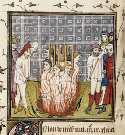 Royal 20 C. VII, f.44v Upalování templářů, ilustrace z 